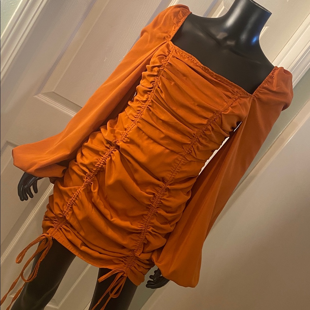 PrettyLittleThing Terracotta Chiffon Double Ruched Bodycon Long Sleeve Dress NWT